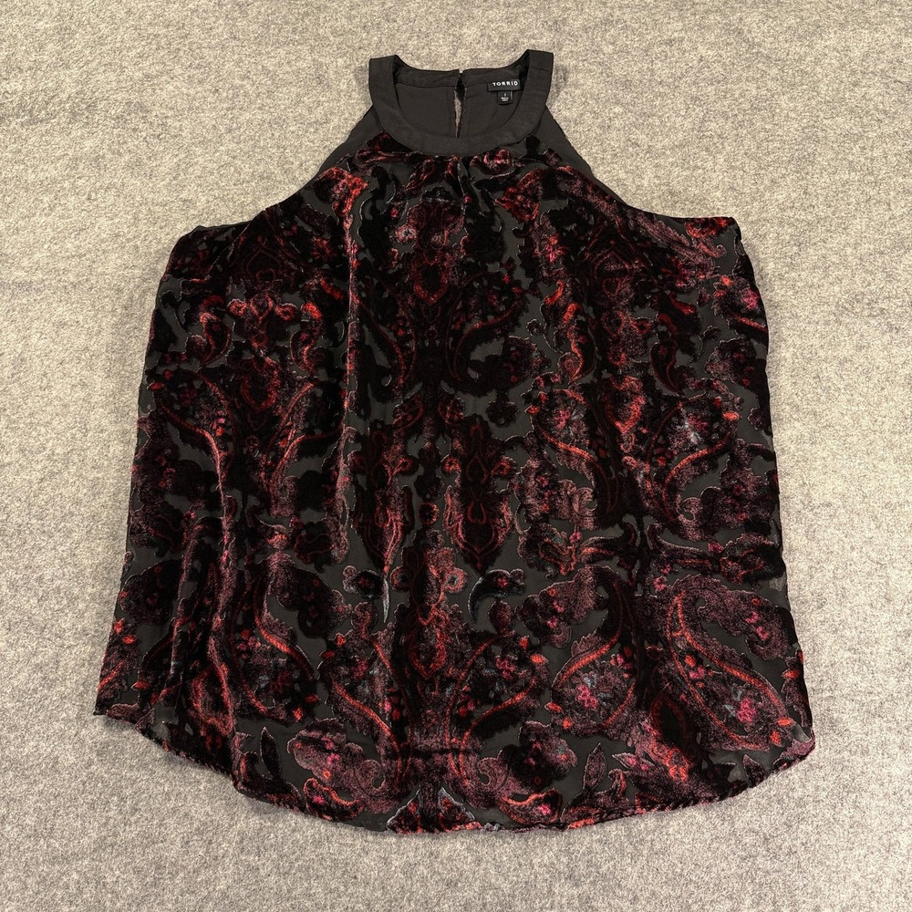 Torrid Blouse Womens 1 Black Red Velvet Burnout Witchy Gothic Sleeveless Top